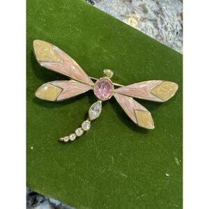 Vintage KJL for Avon Dragonfly Brooch Crystal Enamel Gold Tone Pin